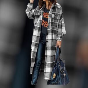 Button Down Lounge Lapel Plaid Jacket Long Shirt Shacket Flannel NWOT